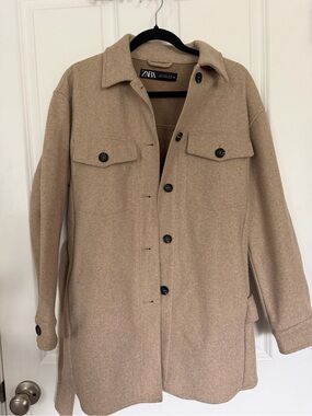 Zara Beige Wool-Blend Shirt Jacket